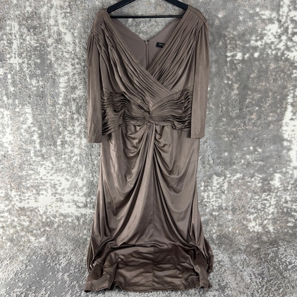 Tadashi Shoji Too Dresses & Skirts - Tadashi Shoji Size 14 Ruched Pleated V-Neck Gown Formal Dress Brown 3/4 Sleeve